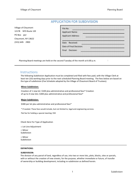 First page of the Subdivision Application