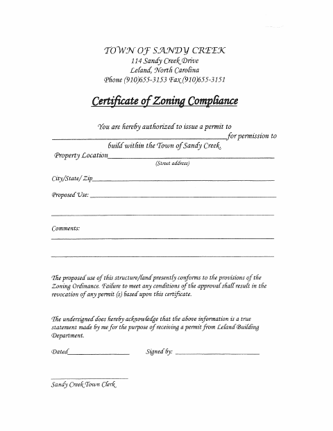 First page of the Certificate of Zoning Compliance