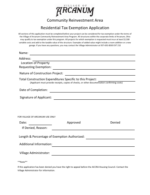 First page of the Community Reinvestment Area Residential Tax Exemption Application