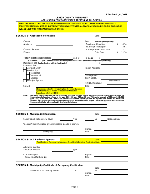 First page of the Application for Wastewater Treatment Allocation