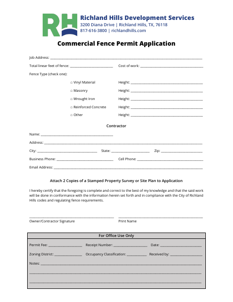 First page of the Commercial Fence Permit Application