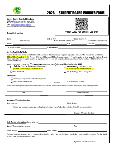 First page of the Student Board Worker Form