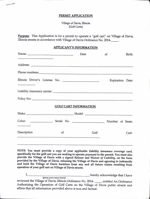 First page of the Golf Cart Permit Application