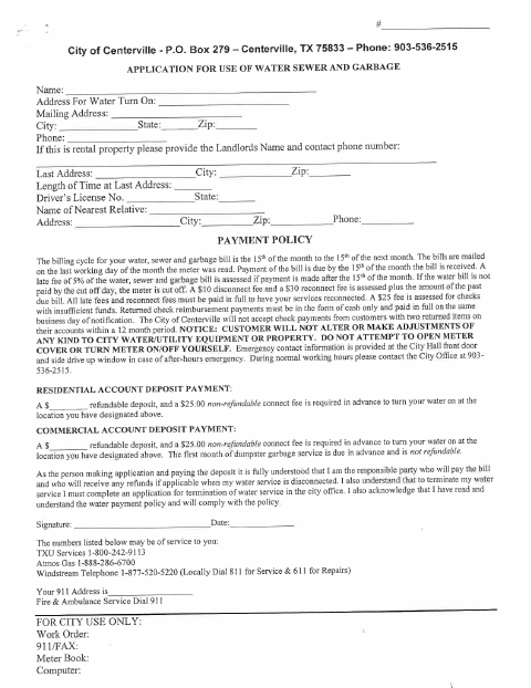 First page of the Application for Water, Sewer, and Garbage Service