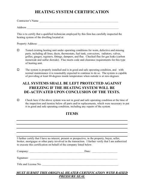 First page of the Heating System Certification