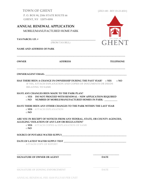 First page of the Annual Renewal Application for Mobile/Manufactured Home Park