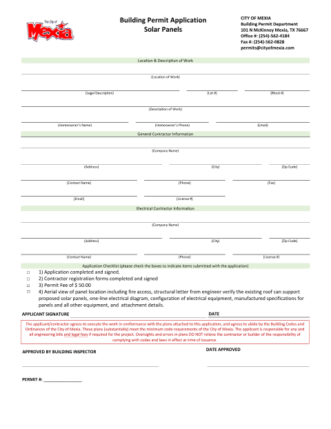 First page of the Solar Panel Installation Permit Application