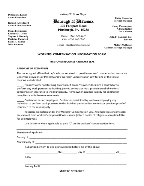 First page of the Workers’ Compensation Affidavit of Exemption
