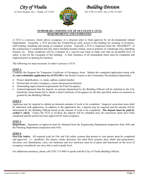 First page of the Temporary Certificate of Occupancy Application & Guidelines