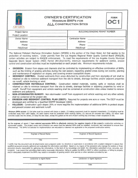 First page of the Owner’s Certification Form OC1 – Minimum BMPs