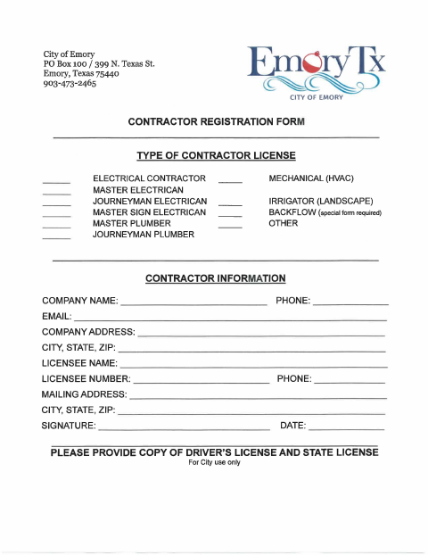 First page of the Contractor Registration Form