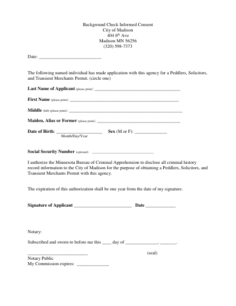 First page of the Peddlers Background Check Informed Consent