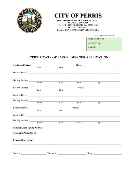 First page of the Certificate of Parcel Merger - Owner Authorization to Act