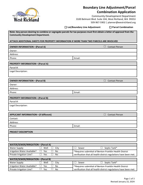 First page of the Boundary Line Adjustment/Parcel Combination Application