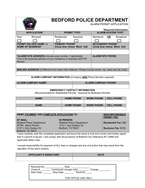 First page of the Alarm Permit Application