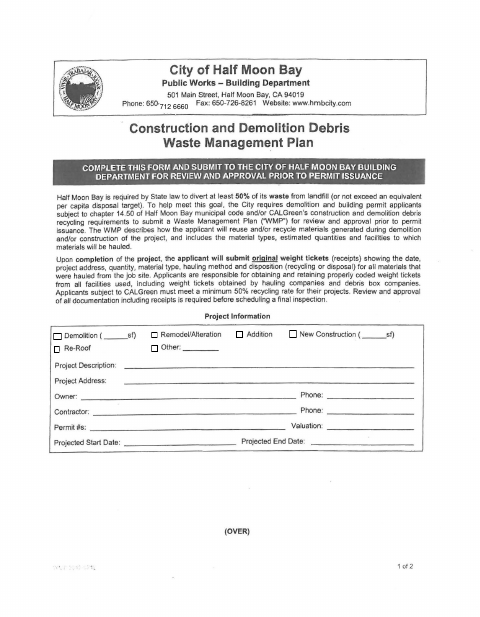 First page of the Construction and Demolition Debris Waste Management Plan