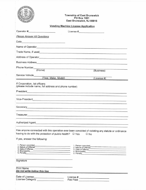 First page of the Vending Machine License Application