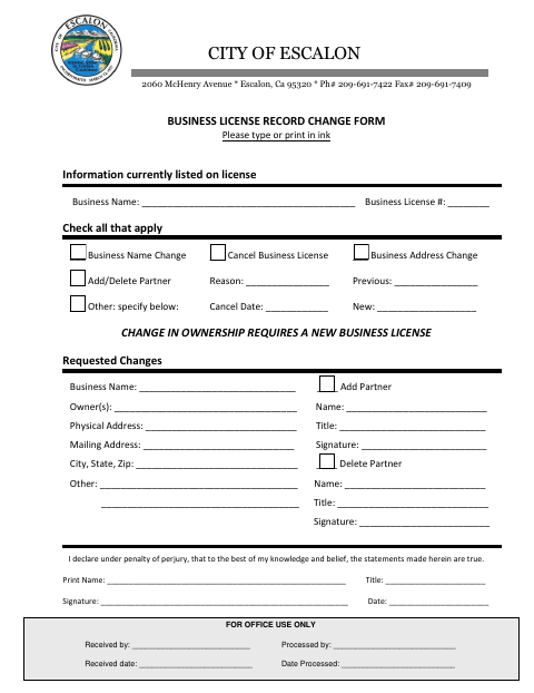 First page of the Business License Record Change Form