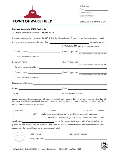 First page of the Business Certificate (DBA) Application