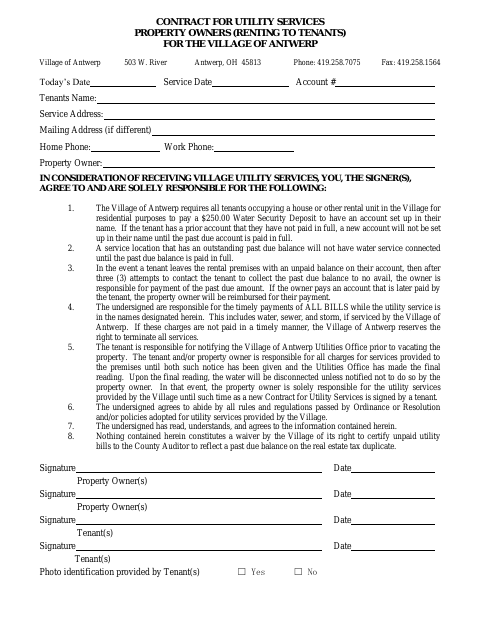 First page of the Contract for Utility Service for Property Owners Renting to Tenants