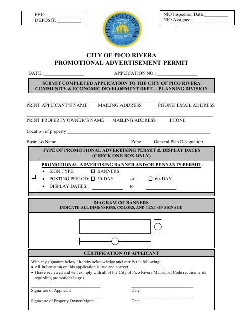 First page of the Promotional Advertisement Permit Application