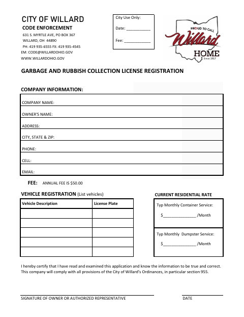 First page of the Garbage and Rubbish Collection License Registration