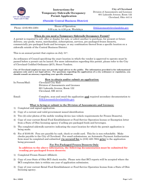 First page of the Temporary Sidewalk Occupancy Permit Application (Outside Central Business District)