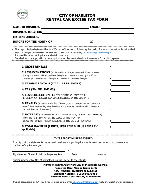 First page of the Rental Car Excise Tax Form
