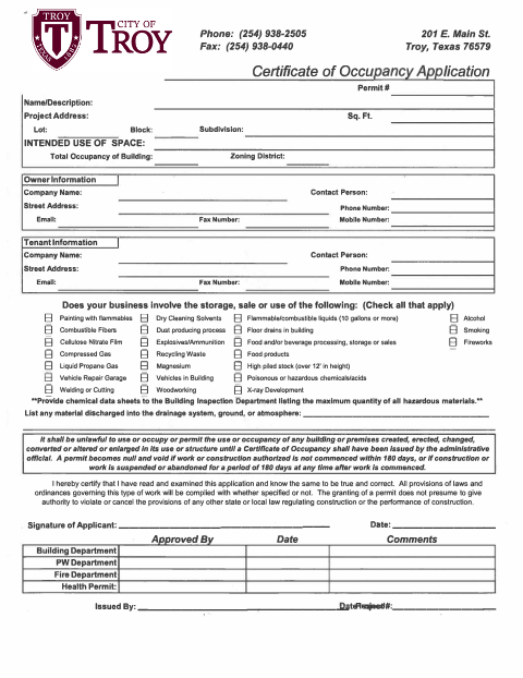 First page of the Certificate of Occupancy Application
