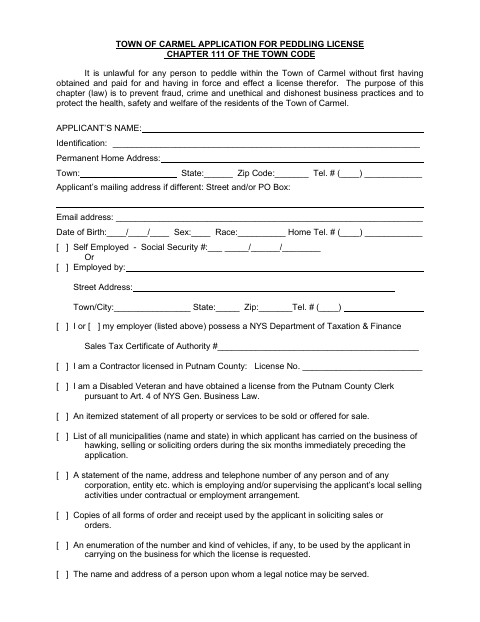 First page of the Application for Peddling License