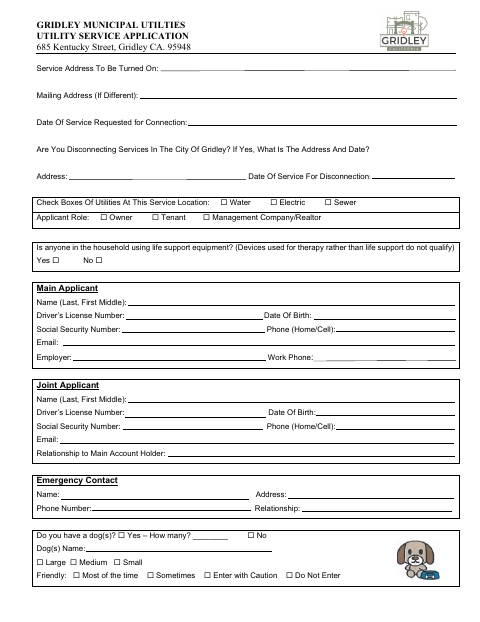 First page of the Utility Service Application