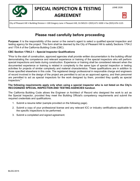 First page of the Special Inspection and Testing Agreement
