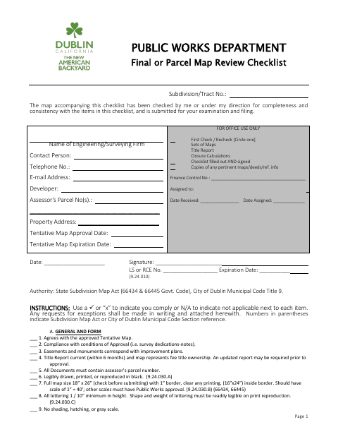 First page of the Final or Parcel Map Review Checklist