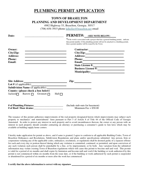 First page of the Plumbing Permit Application