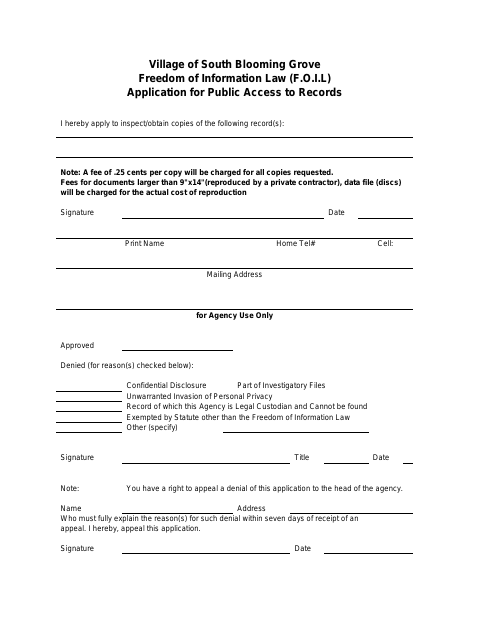 First page of the Freedom of Information Law Application for Public Access to Records