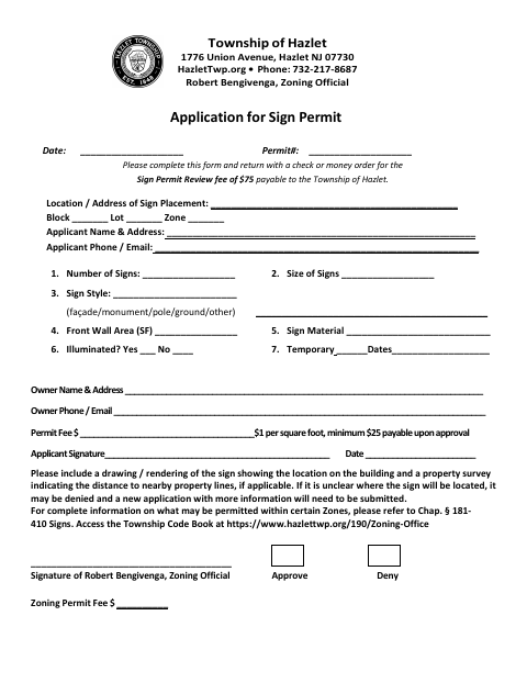 First page of the Application for Sign Permit