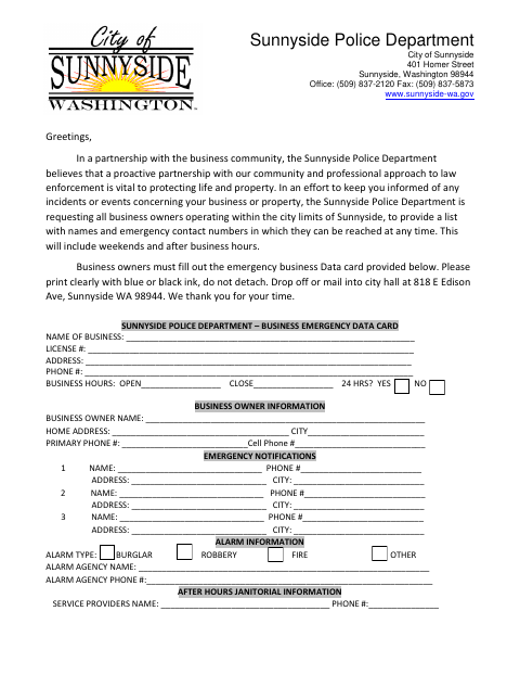 First page of the Business Emergency Data Card