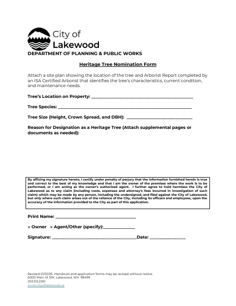 First page of the Heritage Tree Nomination Form