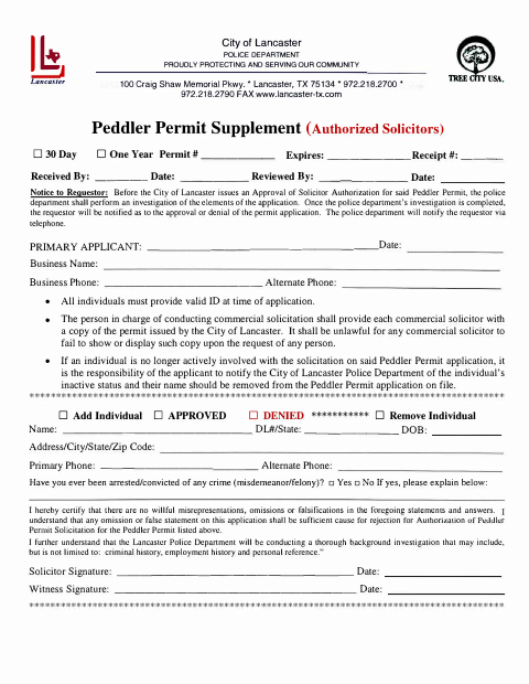 First page of the Peddler Permit Supplement (Authorized Solicitors)