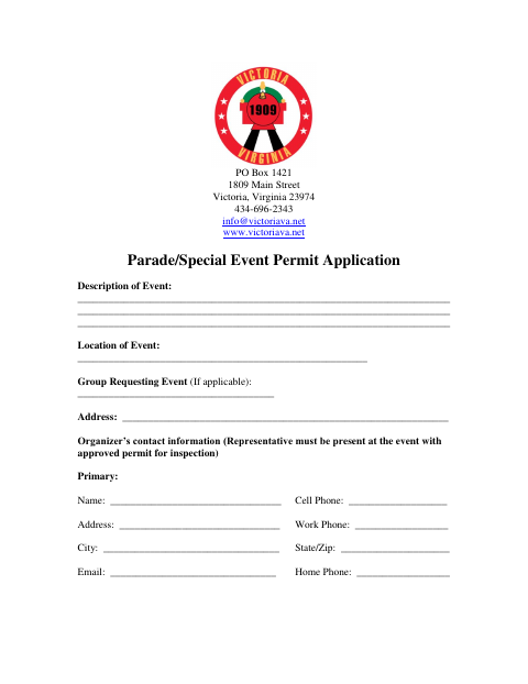 First page of the Parade/Special Event Permit Application