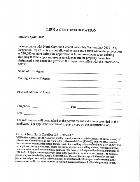 First page of the Lien Agent Information Form