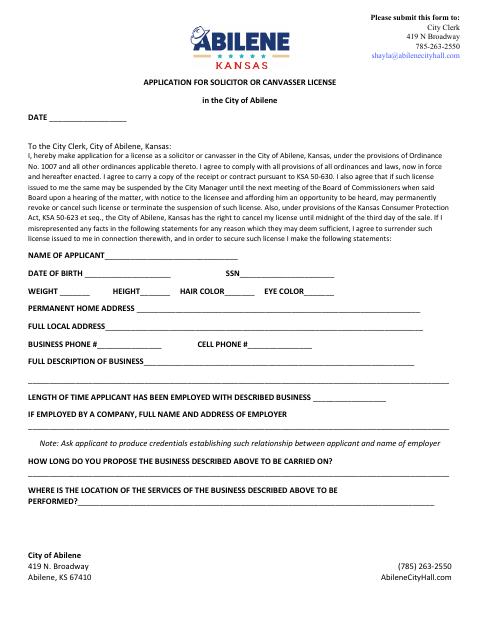First page of the Solicitor or Canvasser License Application