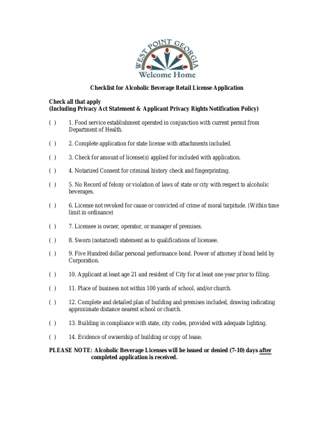 First page of the Alcohol License Application (Wine, Malt Beverage, Liquor)