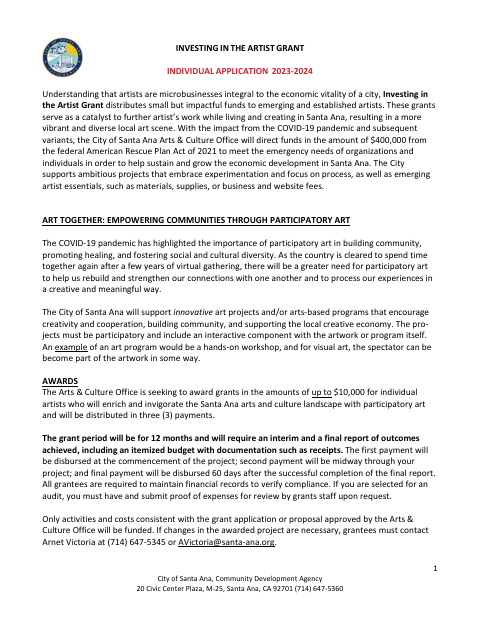 First page of the Investing in the Artist Grant Individual Application