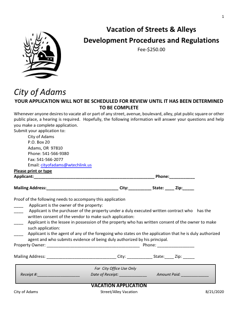 First page of the Street and Alley Vacation Application