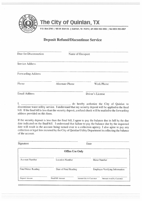 First page of the Deposit Refund/Discontinue Service