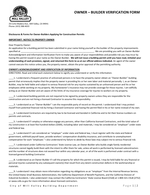 First page of the Owner-Builder Verification Form
