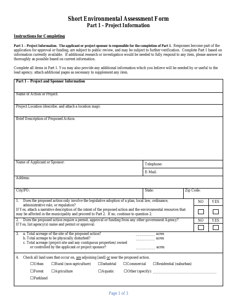 First page of the Short Environmental Assessment Form