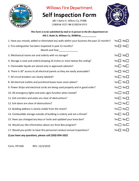 First page of the Fire Safety Self-Inspection Form
