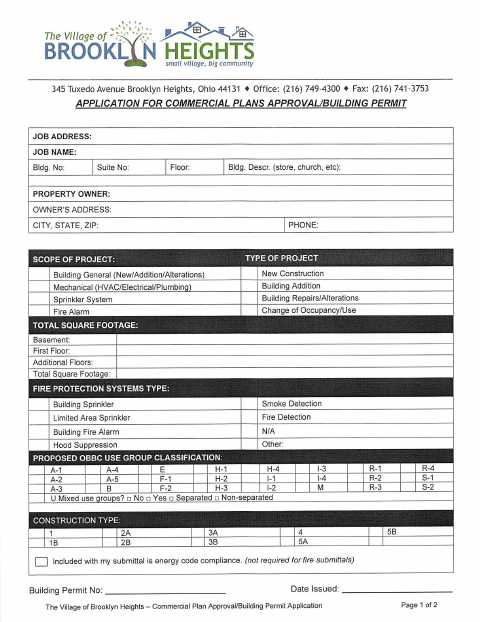 First page of the Application for Commercial Plans Approval/Building Permit
